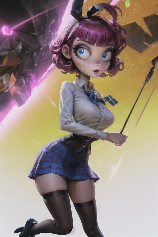 Carol-Anne Wilder in full length pose, curly black-magenta hair bangs hairstyle with a big black bow on the side, hazel-blue eyes, hyper detailed eyes, beautiful eyes, perky breasts in a maroon and black corset and wearing a black short tartan skirt and thigh high black stockings, perfect anatomy, centered, approaching perfection, dynamic, highly detailed, artstation, concept art, smooth, sharp focus, illustration, cinematic shallow depth of field, chempunk dystopian background, trending on artstation, 8k, masterpiece, fine detail, muted cinematic lut, intricate detail, perfecteyes, TimBurton Animation