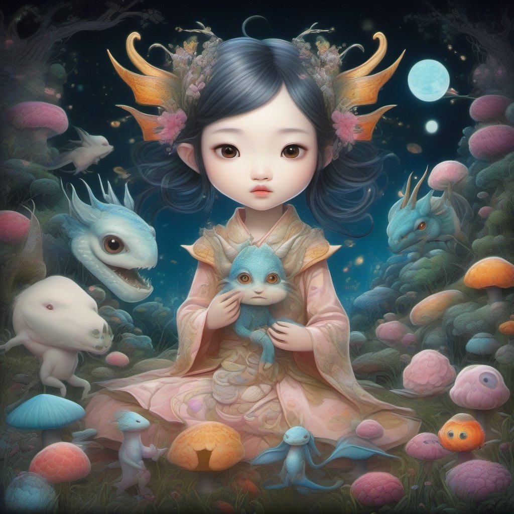   ultra highly detailed, , cinematic, 32k,  Asian folklore,  detailed  ink, acrylic,  by Craola,  Nicoletta Ceccoli, Beeple, Jeremiah Ketner  Todd Lockwood, storybook illustration,  cute  vivid tiny   Yokai  fairy   girl  and  perfect  Asian  ghost dragon , extremely big sharp  glowing   eyes,  meadow, forest,  night, ,stars, starry sky, fairytale,  storybook,   mystical, highly detailed unusual  highly detailed, intricated, intricated pose,   masterpiece, high quality, ultra details, small detailing,vibrant colors, complex patterns , unreal engine ,