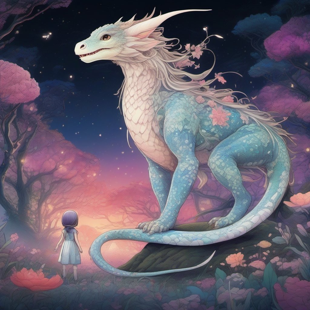 Create a highly detailed, cinematic, and UHD illustration of a mystical fairytale scene set in a meadow and forest at night. The scene features a cute, vivid, tiny Yokai fairy girl and a perfect Asian ghost dragon (Orochi) in an intricate pose. The Yokai fairy girl has extremely big, sharp, glowing eyes that stand out in the starry sky. The illustration is done in detailed ink and acrylic with vibrant colors and complex patterns. The style of the illustration is inspired by the works of Craola, Nicoletta Ceccoli, Beeple, Jeremiah Ketner, and Todd Lockwood. The final image should be a masterpiece with ultra details and small detailing, Unreal Engine 5, ray-tracing