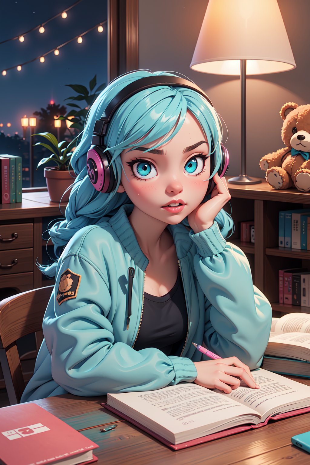 1girl, (masterpice), best quality, high quality, noon, night, high detailed, perfect body,perfect_face, high_detailed_face, realism face, good body, big_ass, small_breasts, aqua_glowing_eyes, glowing eyes and hair,  siting down next to her desk studing, wearing a blue headphone, lofi-girl, (Wearing headphone), lofi chill out,  inside her bedroom, Night pink gradient lighting, dog, books, lamp, pen, teddy bear on her desk, serious, lofi girl room decorations, hard light, night, facing the viewer, hair ornament, blue_glowing_hair, makeup ,long_hair, lipstick ,blush ,short_braided_hair, female, light-skinned_female ,light_skin ,skin_contrast, blue shirt, silver covered jacket