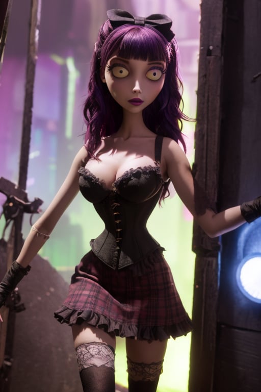 Carol-Anne Wilder in full length pose, curly black-magenta hair bangs hairstyle with a big black hair-bow on the side, hazel-blue eyes, hyper detailed eyes, beautiful eyes, small perky breasts in a maroon and black corset and wearing a black short tartan skirt and thigh high black stockings, perfect anatomy, coy pretty pose, centered, approaching perfection, dynamic, highly detailed, artstation, concept art, smooth, sharp focus, illustration, cinematic shallow depth of field, chempunk dystopian background, trending on artstation, 8k, masterpiece, fine detail, muted cinematic lut, intricate detail, perfecteyes, TimBurton Animation