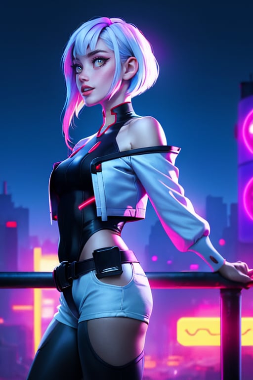 masterpiece, (photorealistic:1.4), best quality, beautiful lighting, (ulzzang-6500:0.5), lucy \(cyberpunk\), 1girl, white hair, against railing, arm rest, bangs, bare shoulders, belt, black belt, black leotard, black pants, blurry, bob cut, breasts, building, cityscape, clothing cutout, (cropped jacket), cyberpunk, depth of field, from side, gradient eyes, grey eyes, grey hair, white jacket, leotard, lips, long sleeves, looking afar, looking ahead, (mechanical parts), medium breasts, multicolored eyes, multicolored hair, night, night sky, off shoulder, open clothes, open jacket, outdoors, pants, parted lips, railing, red eyeliner, science fiction, short hair with long locks, short shorts, shorts, sidelocks, sky, solo, standing, teeth, thigh cutout, upper teeth only, white jacket, white shorts, cyberpunk \(series\), cyberpunk edgerunners, RAW photo, 8k uhd, film grain, cosplay, white wig, night, neon lights,,,, 