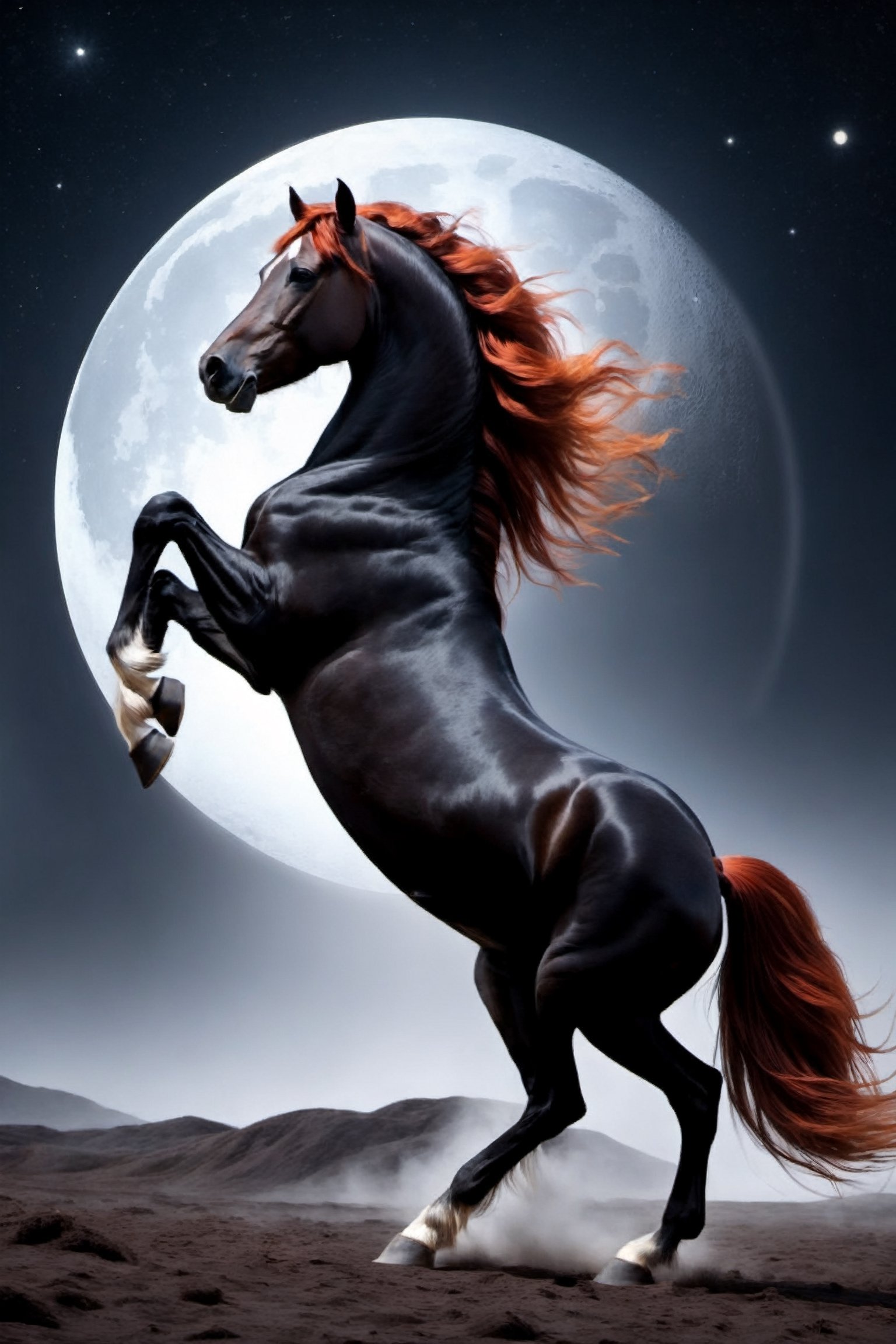  redhead  rearing black stallion , wind scattered long mane ,long tail, moonlight,dark universe background,ray tracing, highly detailed,
