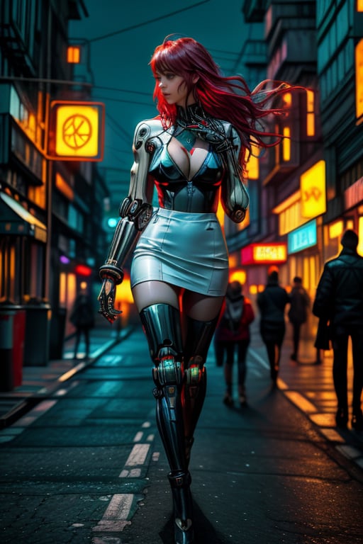 Red haired vintage  woman walking naked in night  megalopolis , neon lights in the background ,moon light empty street,skyscrapers ,diffused lighting, volumetric lighting ,realistic,cyberpunk robot,perfecteyes