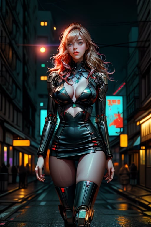 Red haired  woman walking naked in night  megalopolis , neon lights in the background ,moon light empty street,skyscrapers ,vintage ,diffused lighting, volumetric lighting ,realistic,cyberpunk robot,perfecteyes,blond