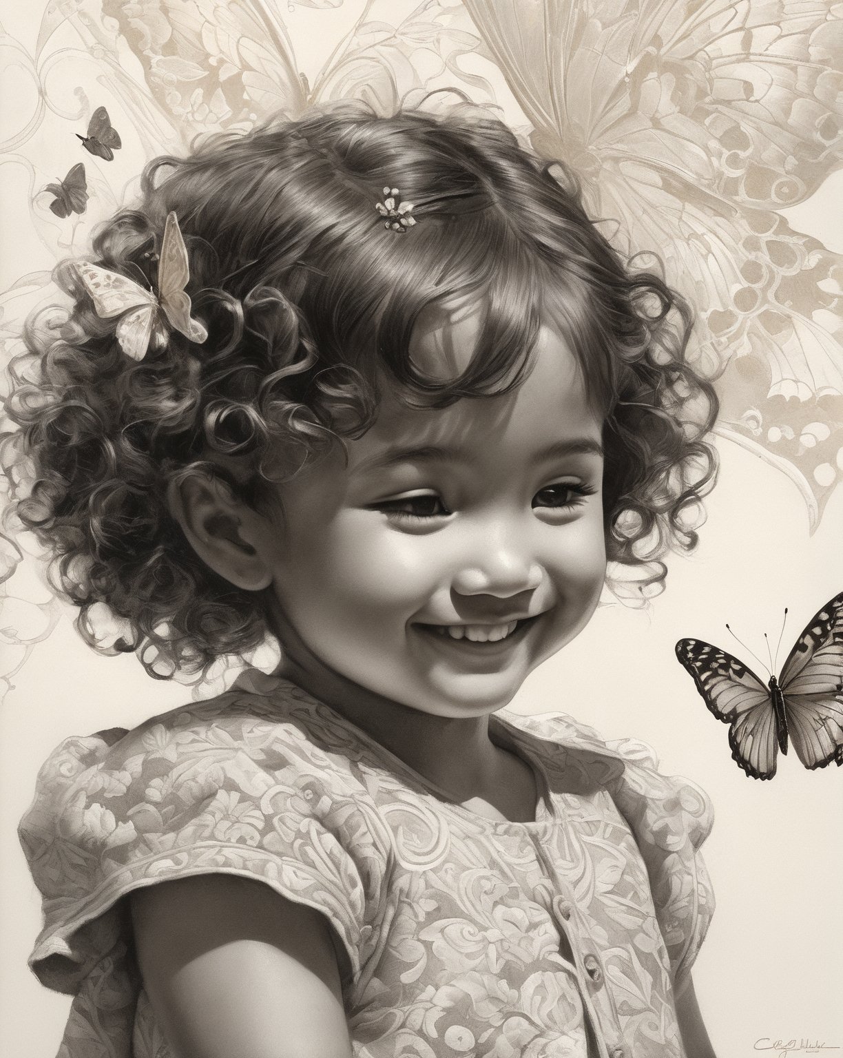  curly litle girl looking at butterfly ,cute smile ,pencil and ink, intricate line drawing, by craig mullins,floral pattern ,ruan jia, Adonna Khare, loundraw ,greg rutkowski