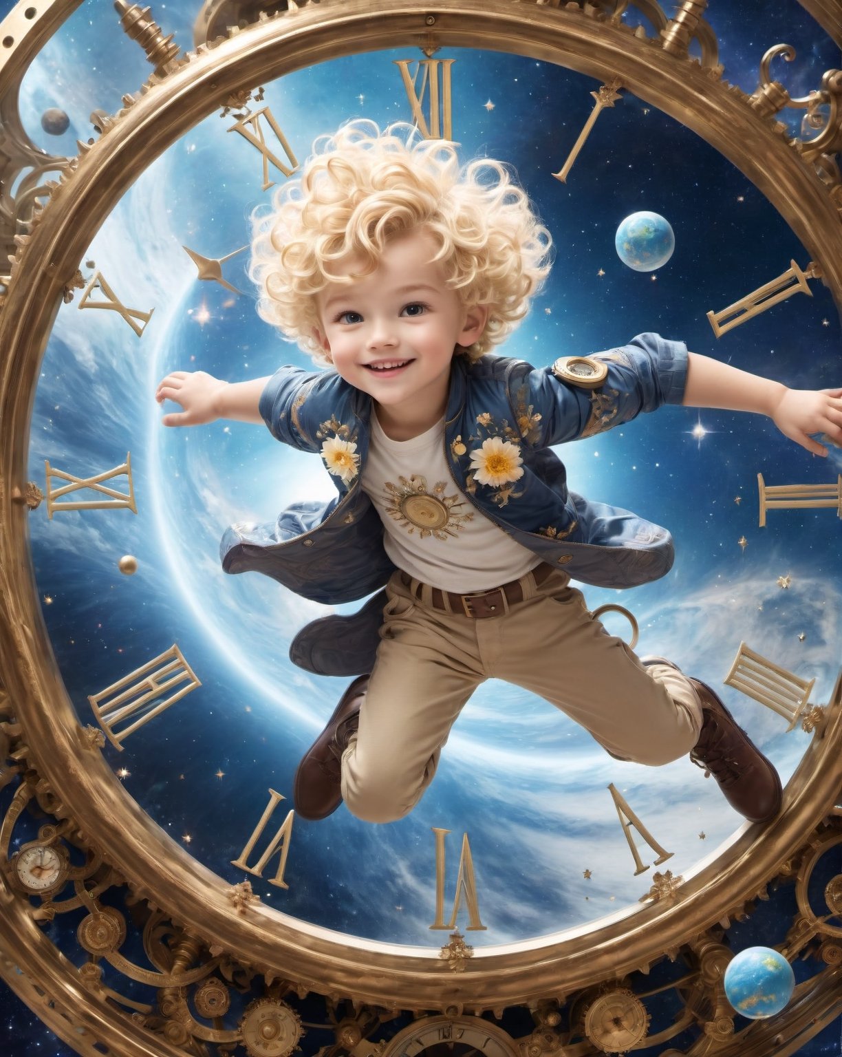  blond curly little boy flying  in atomic space,cute smile,physics, perfect hands,five fingers hands,dream ,clock dial ,floral pattern ,ruan jia, Adonna Khare, loundraw ,Mystic, futuristic universe background,planets,ray tracing,huayu,Movie Still