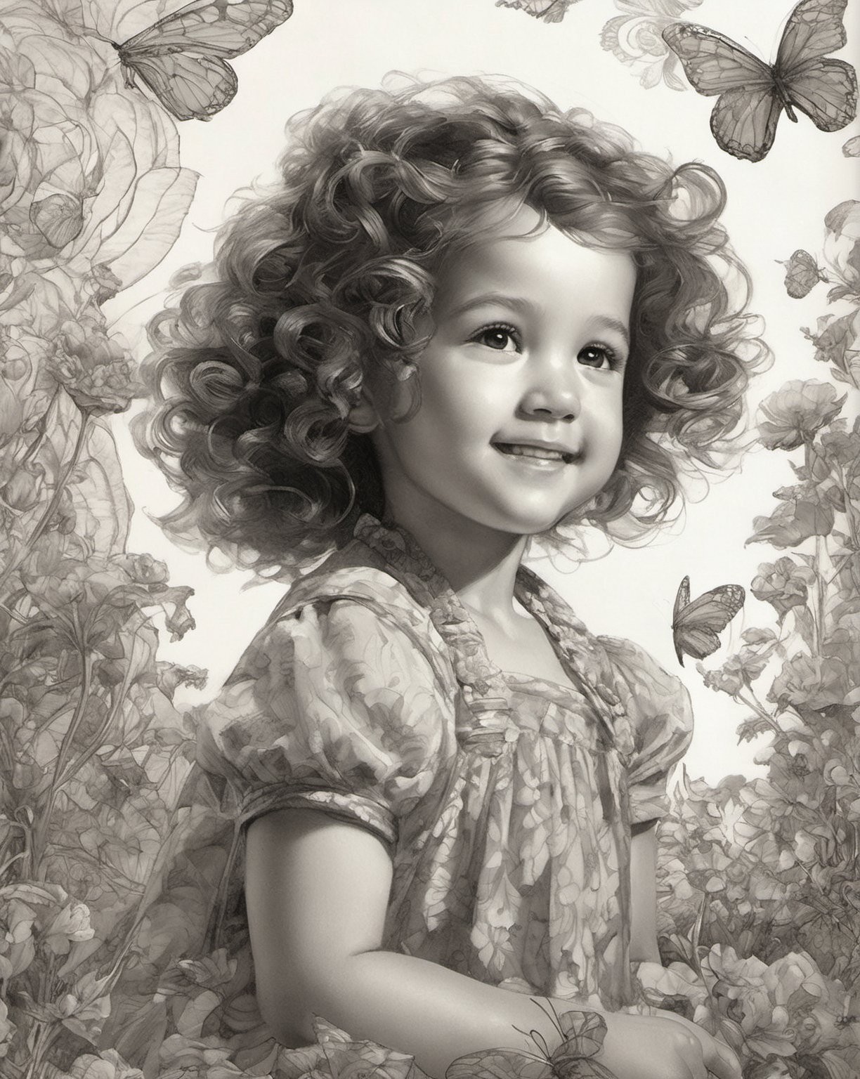  curly litle girl looking at butterfly ,cute smile ,pencil and ink, intricate line drawing, by craig mullins,floral pattern ,ruan jia, Adonna Khare, loundraw ,greg rutkowski