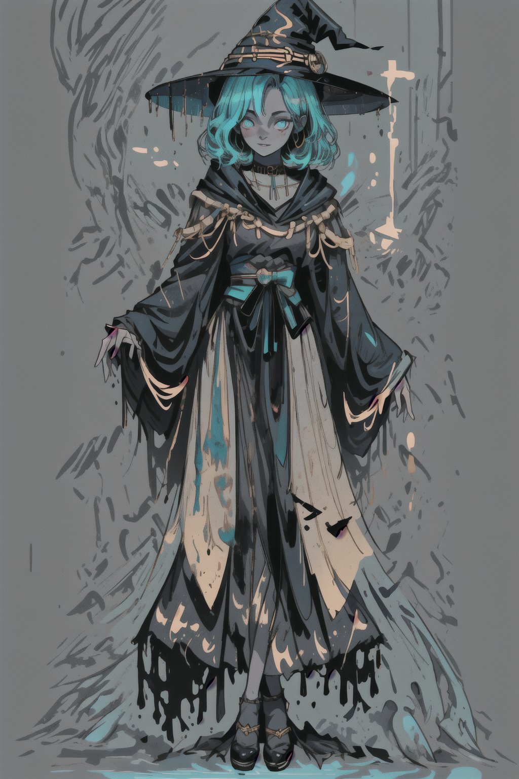 A beautiful witch with dark blue hair, turquoise eyes, wearing a beautiful flowing black robe with gold highlights