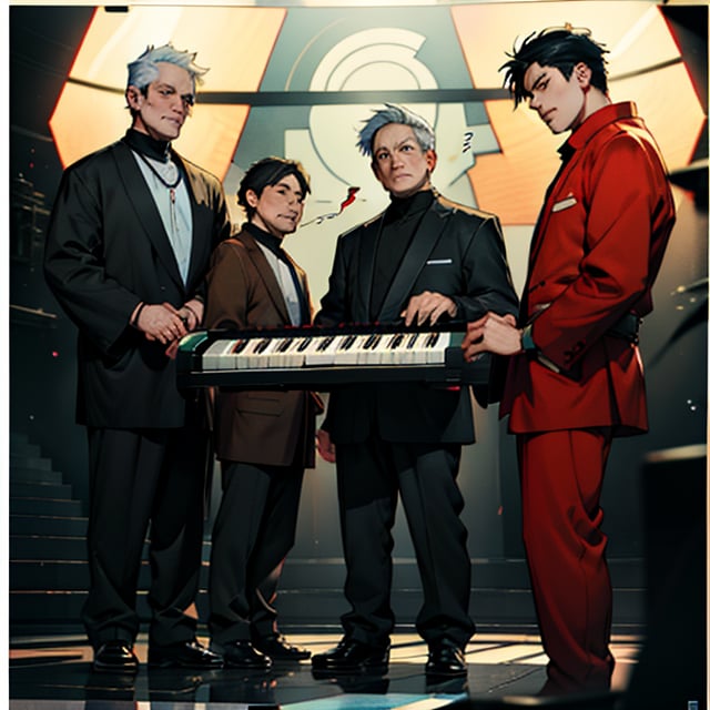 beautiful high res photo realistic detailed background Japanese music holl,【BRAKE】35years old, 3MENS playing synthesizer 、A stage where three people I lined up in a row.are separated、　Red suit standing play, fullbody、musician YMO. {{{ RYUICHI SAKAMOTO ((keyboard)), YUKIHIRO TAKAHASHI ((dram)), HARUOMI HOSONO .((bass)), }}}Manga-style speech bubbles in Japanese→君に胸キュン！