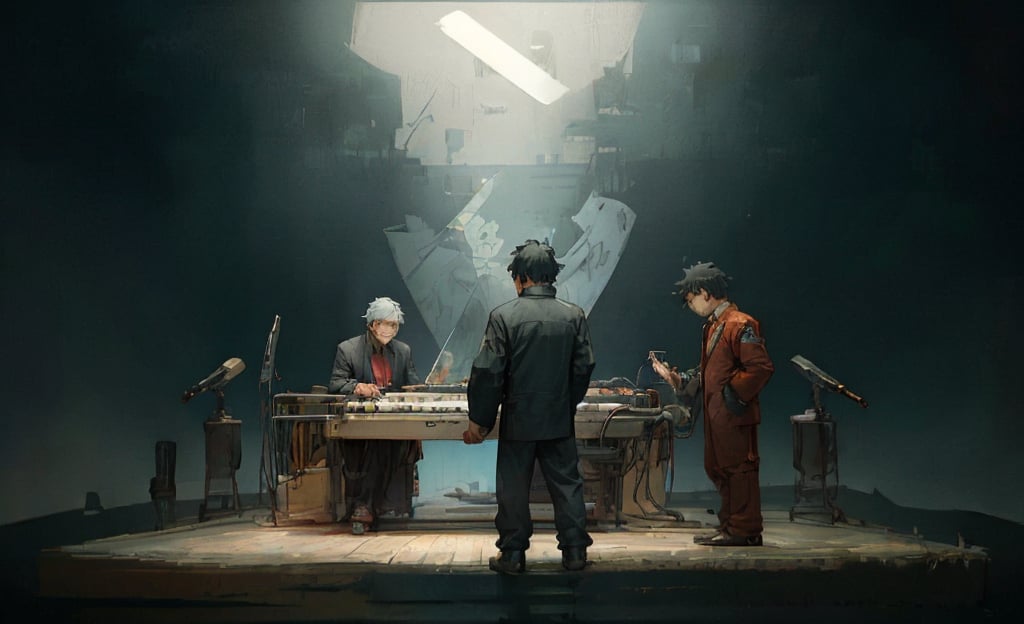 beautiful high res photo realistic detailed background Japanese music holl,【BRAKE】45years old, 3MEN playing synthesizer 、A stage where three people lined up in a row, are separated、　Red suit standing play fullbody、musician YMO. {{{ RYUICHI SAKAMOTO ((keyboard)), YUKIHIRO TAKAHASHI ((dram)), HARUOMI HOSONO .((bass)),The letters on the screen are 【ymo】}}},cyber_tech ,inboxDollPlaySetQuiron style,DonMASKTex 