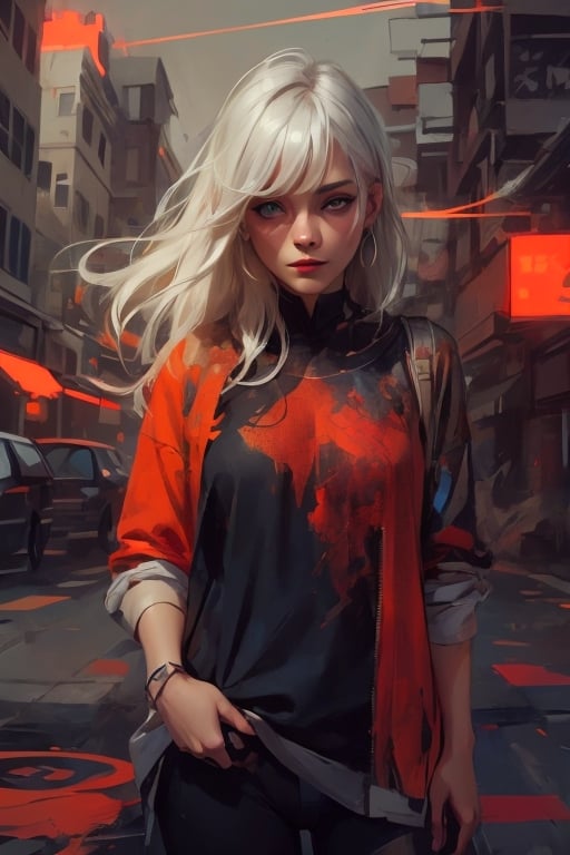 very beautiful woman, abstract beauty with white hair and blue grey eyes, looking in the camera, approaching perfection, dynamic, red black and orange colors, highly detailed, digital painting, artstation, concept art, sharp focus, illustration, art by Carne Griffiths and Wadim Kashin