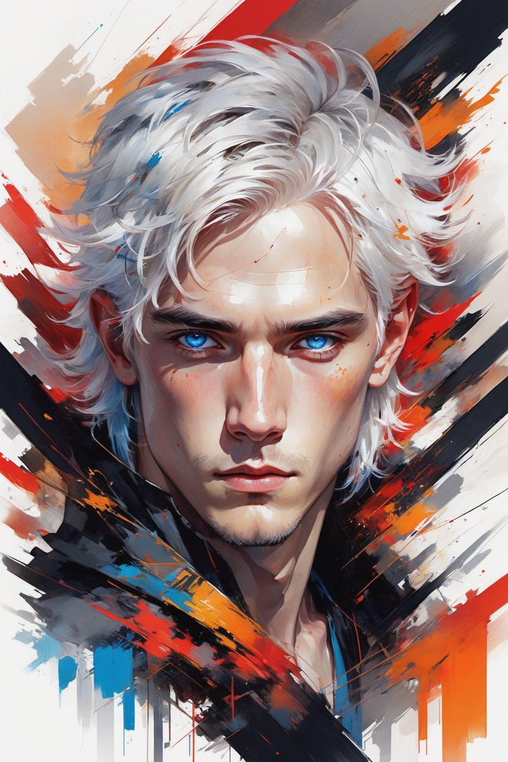 very beautiful 18 olds boy, abstract handsome with white hair and blue grey eyes, looking in the camera, approaching perfection, dynamic, red black and orange colors, highly detailed, digital painting, artstation, concept art, sharp focus, illustration, art by Carne Griffiths and Wadim Kashin