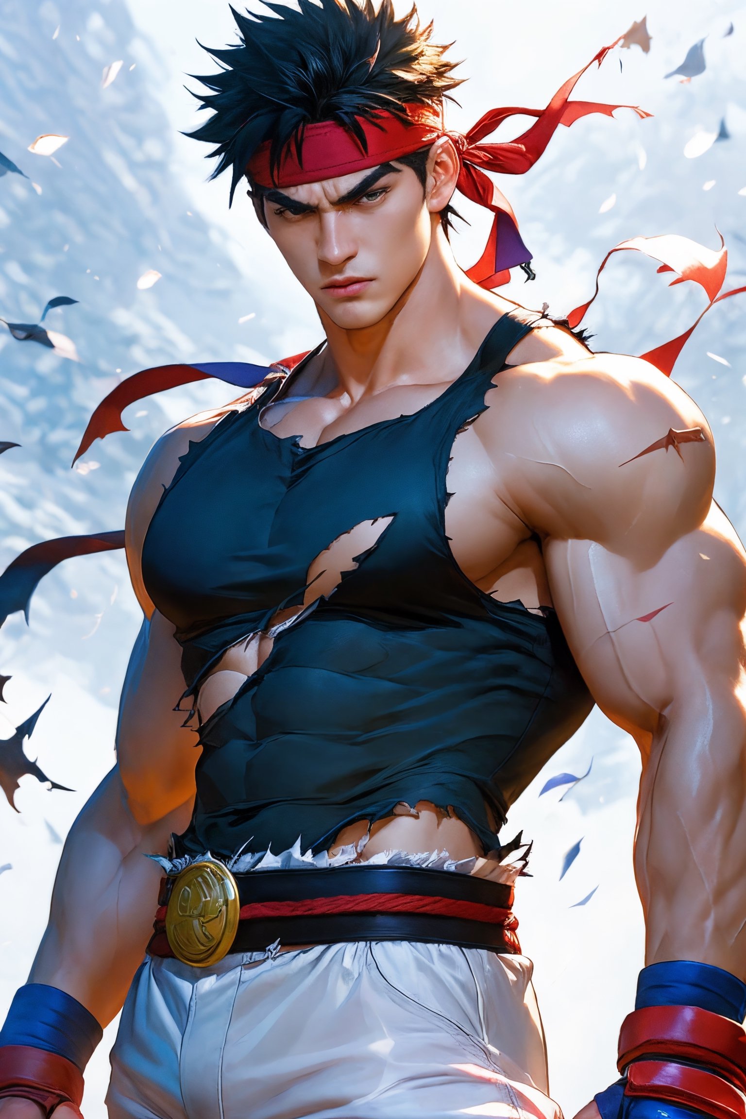 realistic,1 man,solo, looking at viewer, short hair, black hair, 1boy, closed mouth, male focus, cowboy shot, sleeveless, torn clothes, muscular, headband, frown, scar, abs, thick eyebrows, pectorals, muscular male, bara, large pectorals, veins, black belt, serious, white pants, torn shirt, dougi, red headband, ryu (street fighter), 