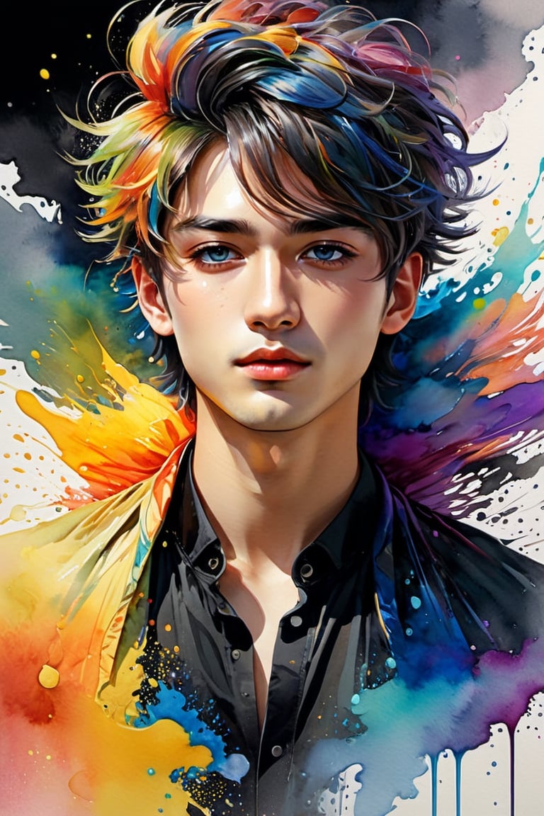 Colorful beautiful man, a man 18-years old, multiple color messy hair, watercolor, nice perfect face, multiple colors, intricate detail, splash screen, 8k resolution, masterpiece, cute face, ArtStation digital painting smooth very black ink flow, 8k resolution photorealistic masterpiece, intricately detailed fluid gouache painting, calligraphy, acrylic, watercolor art, professional photography, natural lighting, volumetric lighting maximalist, complex, elegant, expansive, fantastical.