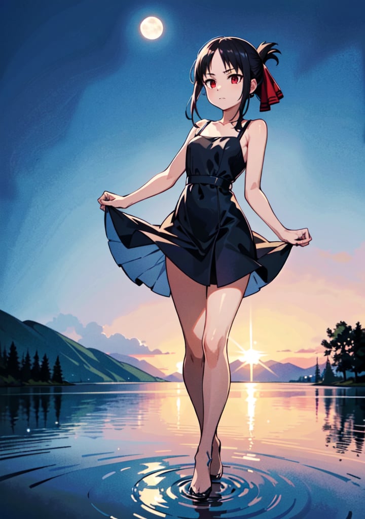 (masterpiece), (best quality), 4k, 1girl,kaguya shinomiya, black one piece dress, red eyes with black gradient, long skirt, Small hands, hands behind the back, light_particles, comprehensive cinematic, magical photography, (gradients), detailed landscape, coherence, 1panel, folded ponytail, basic_background, standing, pose simple, night, starry_sky, moon, wind in hair, blue tones, lake, Walking on the water, reflection in the water, thin legs, focus_face