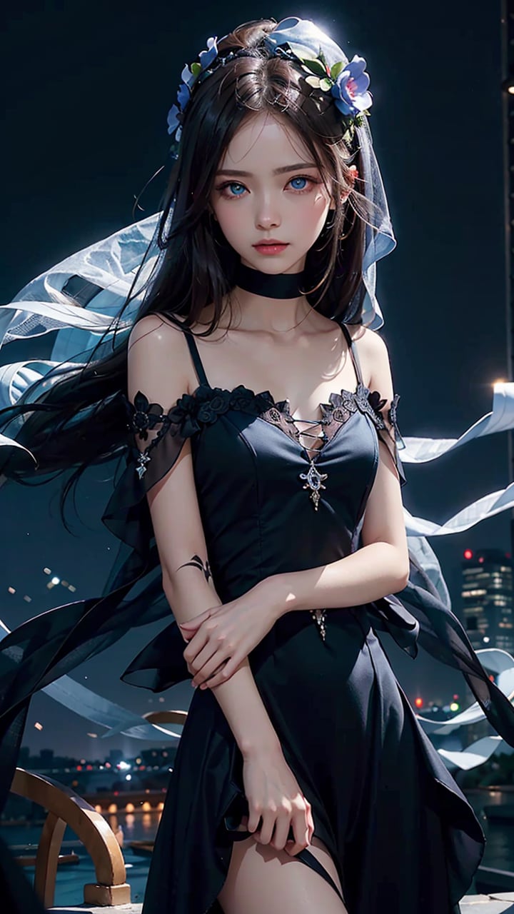 (masterpiece), (best quality),1girl, sole_female, complex_background, comprehensive cinematic, magical photography, (gradients), detailed landscape, black_dress, black veil, focus face, blue eyes, coherence, 1panel, night_sky, long fabrics, Small hands