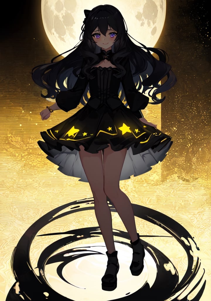 purple_eyes, dark_purple_hair, 1girl, wavy_hair, slim, tiny_girl, small_hands, darken_hair, wind, darken_hair, black_jacket, dark_skirt, star_(symbol), one symbol in the shirt, yellow_star_print_(symbol in the shirt center), happy_face, small_chest,fullmoon white_shirt, one big star_(symbol) blouse, white_shirt ,masterpiece of Digital art, very detailed and coherent, intricate, soft focus, dramatic shadows, basic_background, light_particles, smile,, comprehensive cinematic, magical fotography, (full purple neon lighting), (full yellow neon lighting), moon, PRINT YELLOW (SYMBOL) IN THE CENTER), NO PRINT STAR PURPLE (SYMBOL), print star symbol, ahe_gao, big_thighs, doggy position, pale_skin, ,girl
