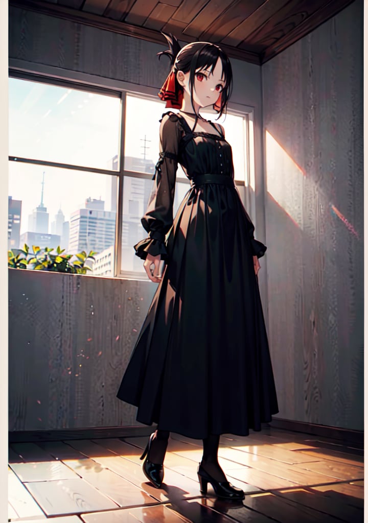 (masterpiece), (best quality), 4k, 1girl,kaguya shinomiya, black one piece dress, red eyes with black gradient, long skirt, Small hands, hands behind the back, light_particles, comprehensive cinematic, magical photography, (gradients), detailed landscape, coherence, 1panel, full body, folded ponytail, basic_background, standing, pose simple