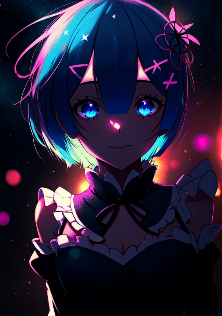 rem_re_zero, blue hair, short hair, maid uniform, hair ornament, cleavage, maid headdress, detached sleeves, ribbon,1girl, solo, highres, look at the sky, night_sky, stars in the sky, light particles, ,best quality, masterpiece,rem, glitter,	 SILHOUETTE LIGHT, shadows a little lit, neon lights, blueeyes, lights, purple and blue neon lights, lights towards the face,Neon Light, looking at the viewer,neon palette