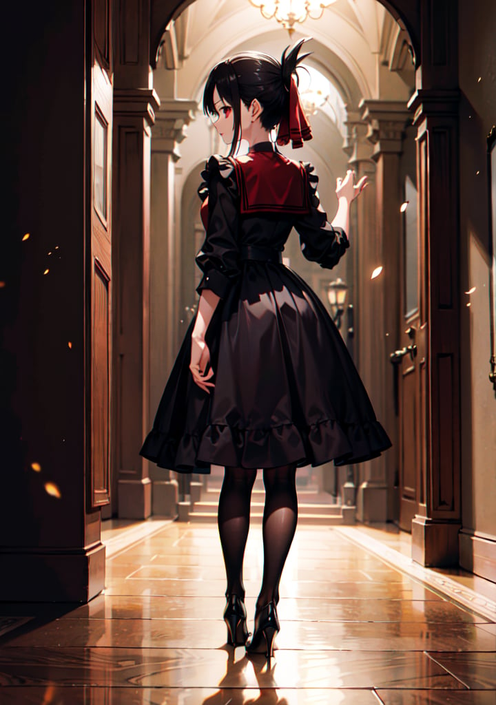 (masterpiece), (best quality), 4k, 1girl,kaguya shinomiya, black one piece dress, red eyes with black gradient, long skirt, Small hands, hands behind the back, light_particles, comprehensive cinematic, magical photography, (gradients), detailed landscape, coherence, 1panel, full body, folded ponytail, basic_background, standing, pose simple