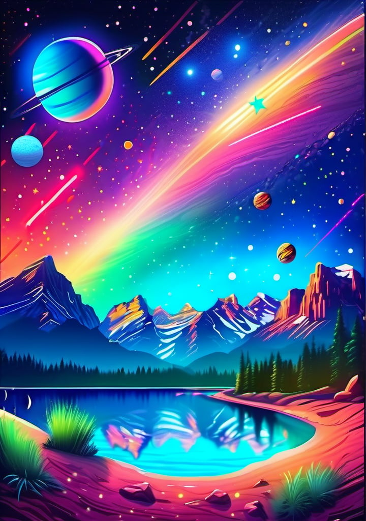 (masterpiece), (best quality), starry_sky, moon, meteor_shower, (full dual colour neon lighting)::1, (detailed background), (masterpiece:1.2), (ultra detailed), (best quality), comprehensive cinematic, magical photography, (gradients), colorful, detailed landscape, visual key, only_sky::2, galaxy_shower, afire_expansive. no_buildings, exposed_planets, group of round planets in line::3, swimming fish::4, giant star illuminated in the center of bright colors::5