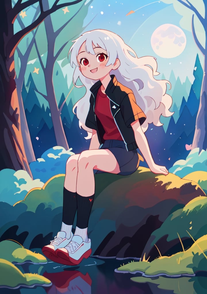 (masterpiece), (best quality), 4k, 1girl, white_hair. wavy_hair. smile, like, white_shirt. long socks, black_kneehighs, red eyes, Small hands, focus face, light_particles, comprehensive cinematic, magical photography, (gradients), detailed landscape, editorial_photography,coherence, 1panel, forest_background, midnight, starry_sky, moon, wind in hair, reflection in the water, sharp_focus, big depth of field, thin legs, looking_at_viewer, simple_background, anatomically correct, black_jacket, Red shirt, oil impasto,shrug \(clothing\), long sleeves, sitting, White shoes,ridingsexscene,sitting moon,split, short sleeves,background,lightingblurry,EpicSky,watercolor