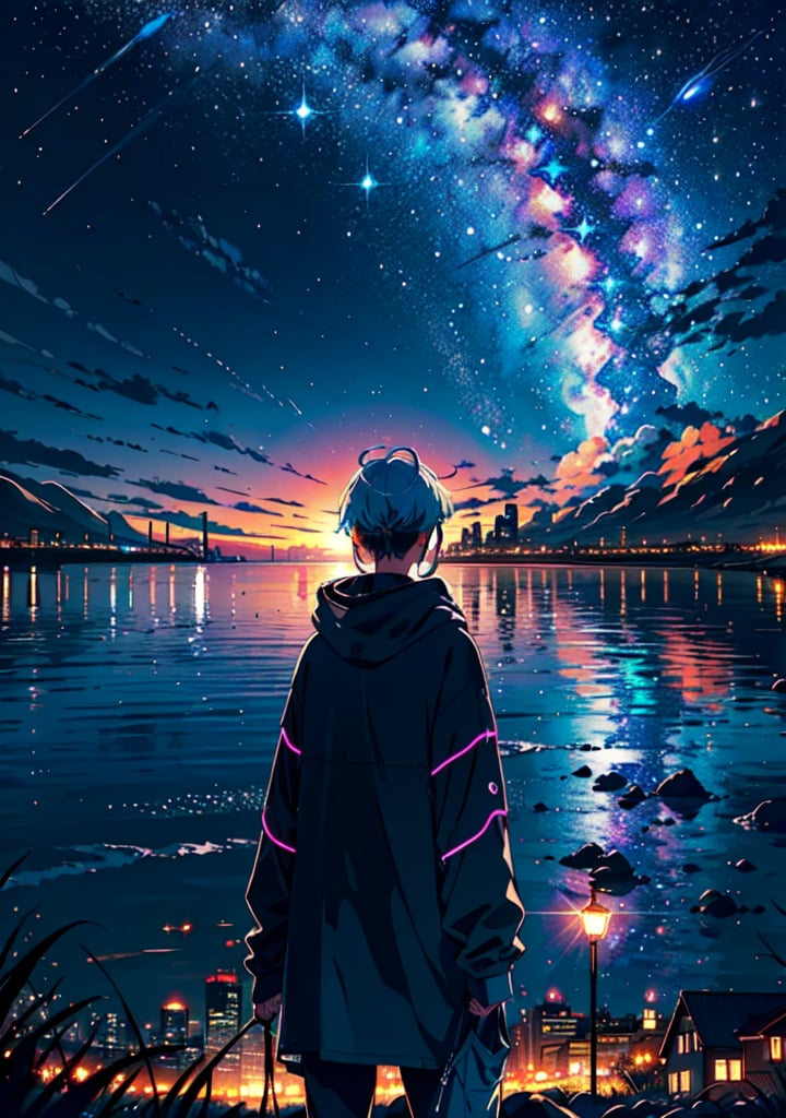 (masterpiece), (best quality), starry_sky, moon, meteor_shower, (full dual colour neon lighting)::1, (detailed background), (masterpiece:1.2), (ultra detailed), (best quality), comprehensive cinematic, magical photography::6, (gradients), colorful, detailed landscape, visual key, only_sky::2, galaxy_shower, afire_expansive. no_buildings, exposed_planets, group of round planets in line, swimming fish, giant star illuminated in the center of bright colors,  coherence, giant planet in the center