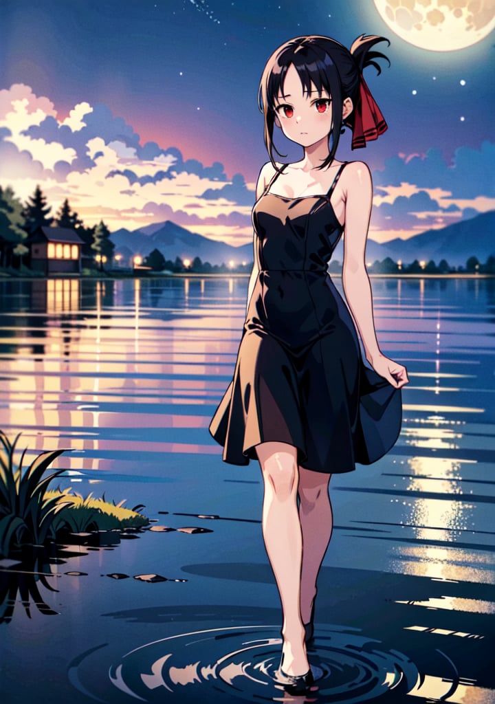(masterpiece), (best quality), 4k, 1girl,kaguya shinomiya, black one piece dress, red eyes with black gradient, long skirt, Small hands, hands behind the back, light_particles, comprehensive cinematic, magical photography, (gradients), detailed landscape, coherence, 1panel, folded ponytail, basic_background, standing, pose simple, night, starry_sky, moon, wind in hair, blue tones, lake, Walking on the water, reflection in the water, thin legs, focus_face,shinomiya kaguya