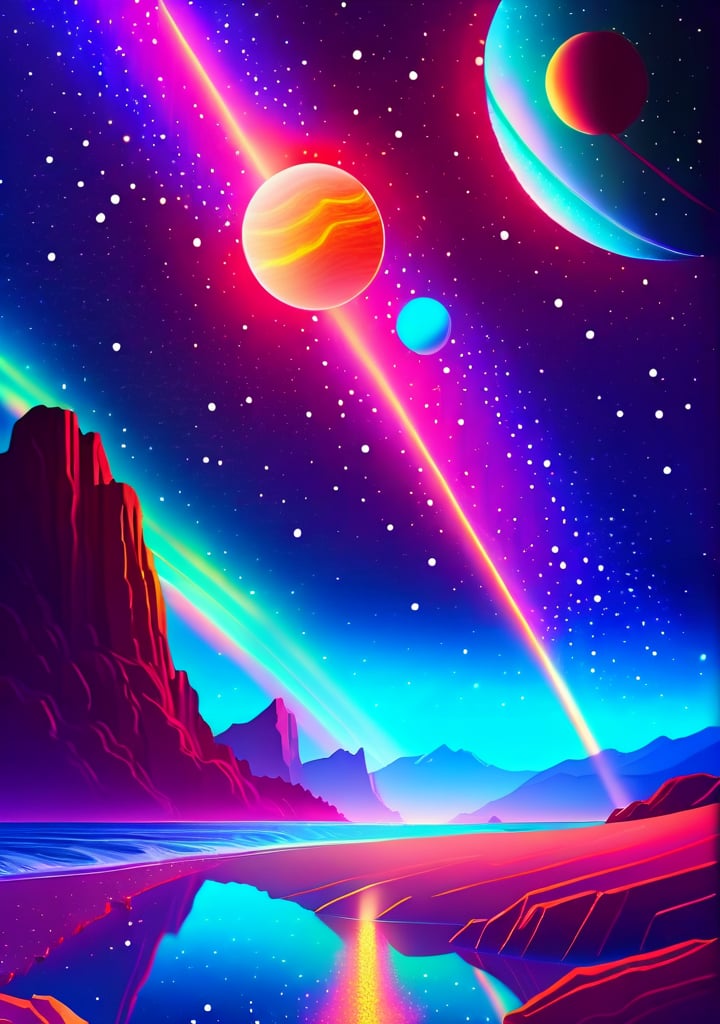 (masterpiece), (best quality), starry_sky, moon, meteor_shower, (full dual colour neon lighting)::1, (detailed background), (masterpiece:1.2), (ultra detailed), (best quality), comprehensive cinematic, magical photography, (gradients), colorful, detailed landscape, visual key, only_sky::2, galaxy_shower, afire_expansive. no_buildings, exposed_planets, group of round planets in line::3, swimming fish::4, giant star illuminated in the center of bright colors::5