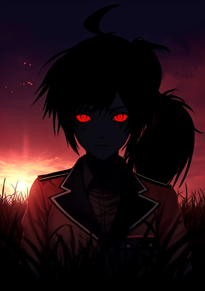 masterpiece, best qualiaty, 1girl, black-hair, red_eye, without expresion, low_ponytail, ahoge, black uniform, military uniform, thousand yard gaze, dirt on the face, sunset, darkness, background grasslands, looking_at_nothing,	 SILHOUETTE LIGHT PARTICLES, ,mysticlightKA, messy uniform,(best quality