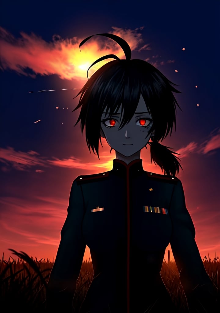 masterpiece, best qualiaty, 1girl, black-hair, red_eye, without expresion, low_ponytail, ahoge, black uniform, military uniform, thousand yard gaze, dirt on the face, sunset, darkness, background grasslands, looking_at_nothing,	 SILHOUETTE LIGHT PARTICLES, ,mysticlightKA, messy uniform,(best quality