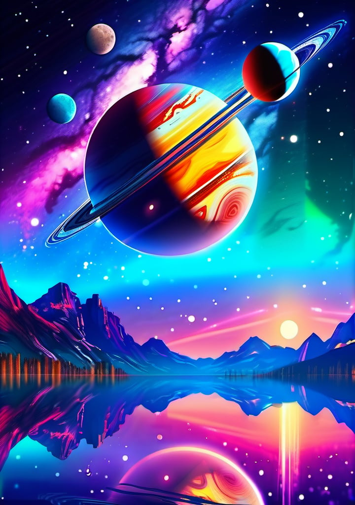 (masterpiece), (best quality), starry_sky, moon, meteor_shower, (full dual colour neon lighting)::1, (detailed background), (masterpiece:1.2), (ultra detailed), (best quality), comprehensive cinematic, magical photography, (gradients), colorful, detailed landscape, visual key, only_sky::2, galaxy_shower, afire_expansive. no_buildings, exposed_planets, group of round planets in line::3, swimming fish::4, giant star illuminated in the center of bright colors::5