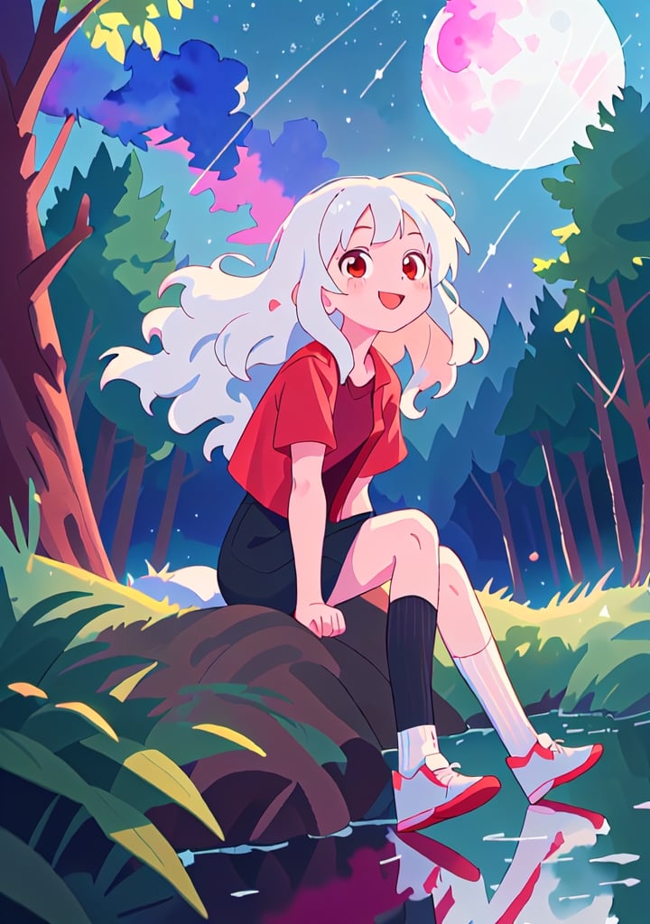 (masterpiece), (best quality), 4k, 1girl, white_hair. wavy_hair. smile, like, white_shirt. long socks, black_kneehighs, red eyes, Small hands, focus face, light_particles, comprehensive cinematic, magical photography, (gradients), detailed landscape, editorial_photography,coherence, 1panel, forest_background, midnight, starry_sky, moon, wind in hair, reflection in the water, sharp_focus, big depth of field, thin legs, looking_at_viewer, simple_background, anatomically correct, black_jacket, Red shirt, oil impasto,shrug \(clothing\), long sleeves, sitting, White shoes,ridingsexscene,sitting moon,split, short sleeves,background,lightingblurry,EpicSky,watercolor