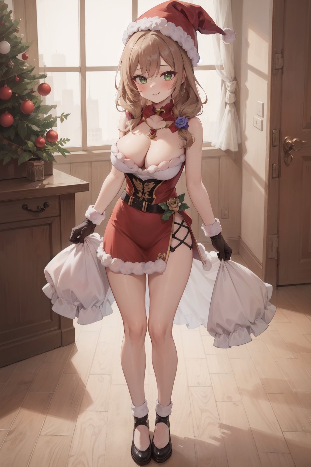  ((Perfect Human Anatomy)),  1girl, (Hands:1.1),  more detail, :), (((bare_arms))), (masterpiece,best quality,ultra_detailed,highres,absurdres:1.2), ((mtu virus)), 8k, full_body, better_hands, christmas_hat, santa_suit,   big_breasts, santa_outfit, ahg, skirt, Santa Claus,perfect, lisadef,