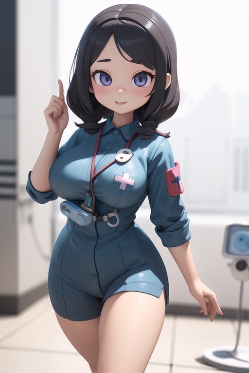 beautiful young loli, big breasts, big thighs, nice figure, light-eyed, seductive medic, cute, 3d pixar style, blurred background