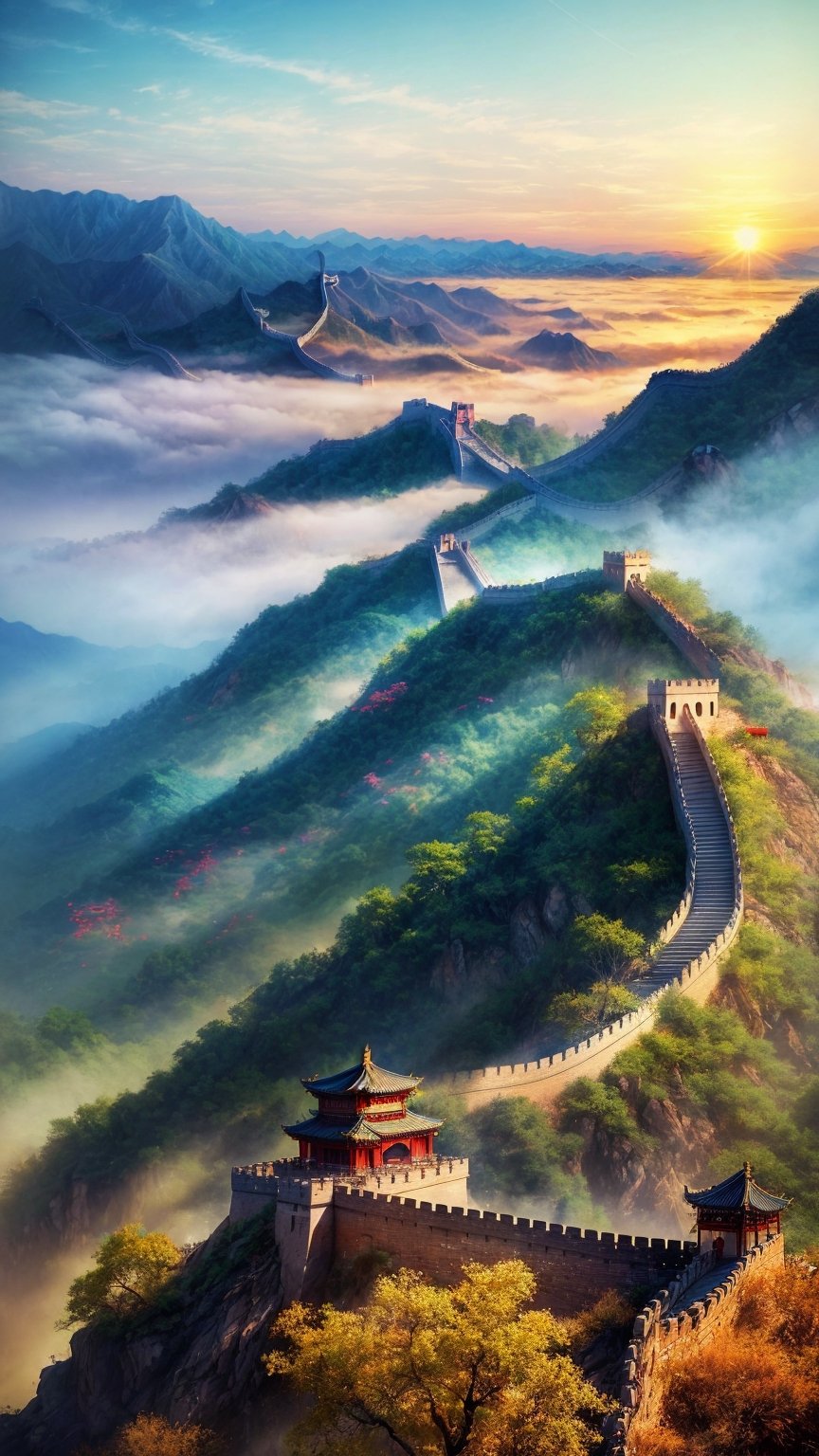masterpiece, best quality, official_art, aesthetic and beautiful, potrait of old chinese temple on Riverside, great wall along mountain, foggy valley, flowers, spring_season, no_humans, sunrise