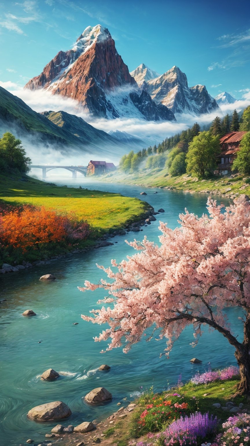 masterpiece, best quality, official_art, aesthetic and beautiful, potrait of  foggy river, flowers and mountains along riverside, spring_season, no_human