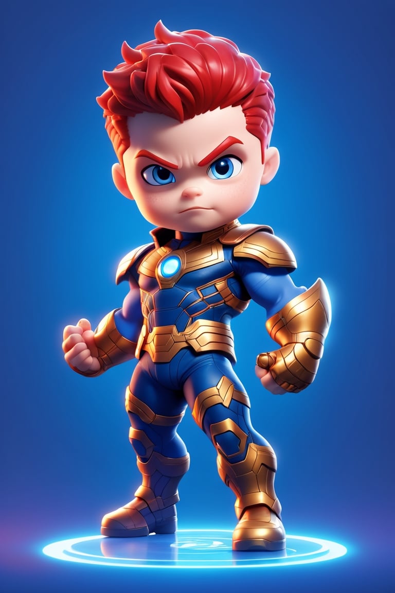 1boy, solo, chibi, full body, looking at viewer, blue eyes, short hair, red hair, Marvel hero, Thanos, blue background