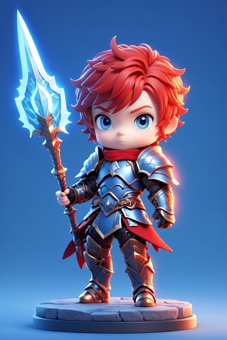 1boy, solo, chibi, full body, looking at viewer, blue eyes, short hair, red hair, armor, magic spear, blue background
