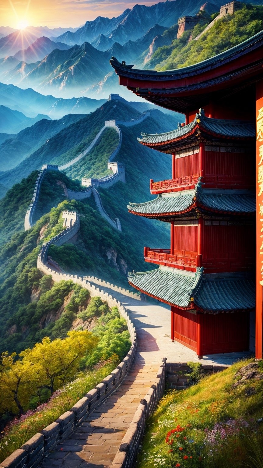 masterpiece, best quality, official_art, aesthetic and beautiful, potrait of old chinese temple on the cliff, great wall along mountain, valley, flowers, spring_season, no_humans, sunrise