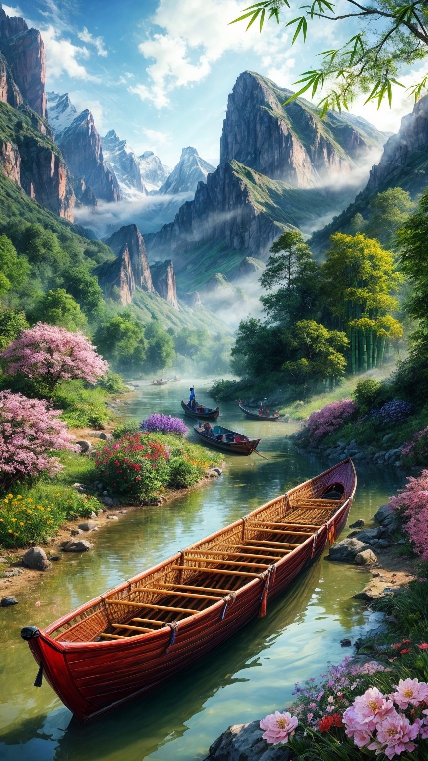 masterpiece, best quality, official_art, aesthetic and beautiful, potrait of bamboo raft in foggy river, flowers and mountains along riverside, spring_season,boats, valley, no_human
