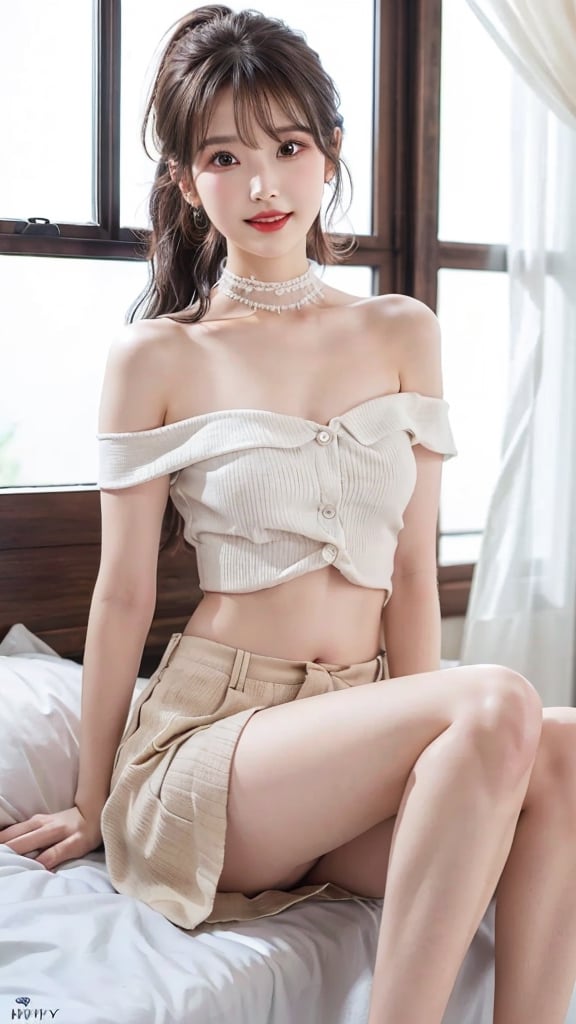 (photorealistic, masterpiece, best quality, raw photo), 1 beautiful girl, 18-23 years old, smiling with visible perfect teeth, detailed beautiful eyes and face, full_body, sitting on knees, breasts, off shoulder, white upshirt, light-brown miniskirt,  flat belly, sexy thighs, glowing thighs, black chocker, earrings, long light-brown ponytail, realistic detailed skin texture,  bedroom, natural sunlight, depth of fields, sharp-focus,hyelin,iu,iulorashy