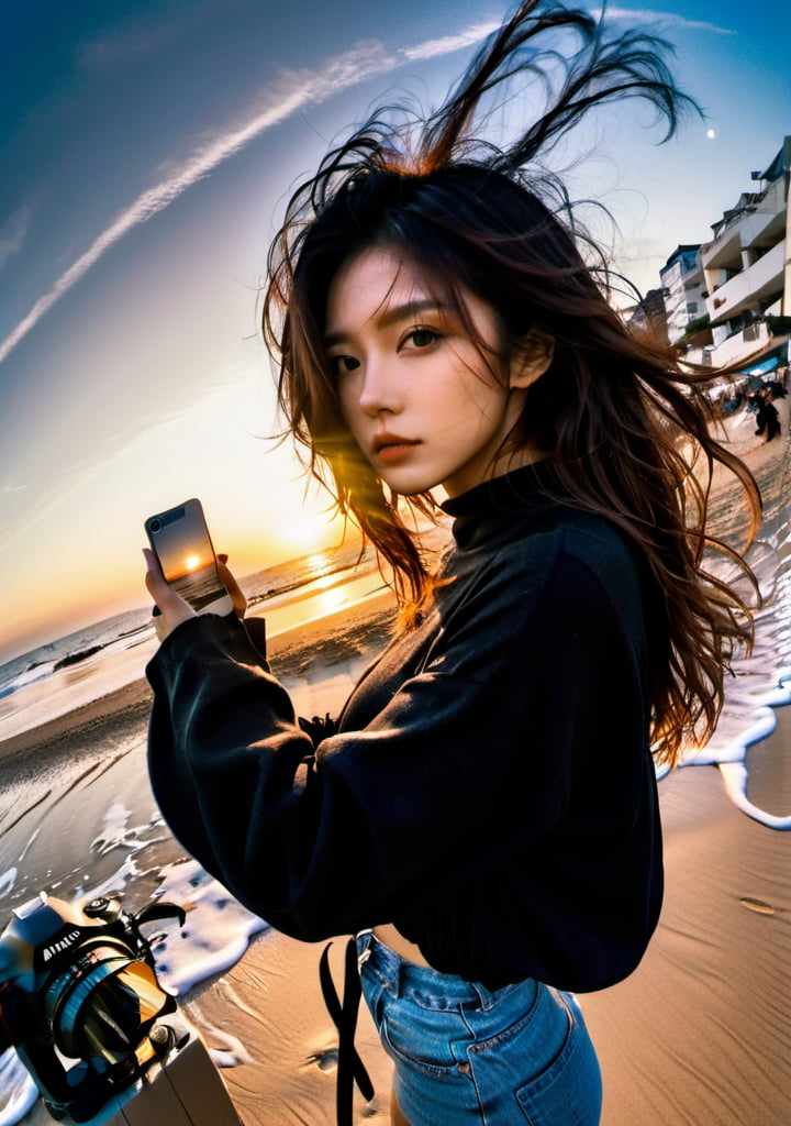 xxmix_girl,a woman takes a fisheye selfie on a beach at sunset, the wind blowing through her messy hair. The sea stretches out behind her, creating a stunning aesthetic and atmosphere with a rating of 1.4,FilmGirl