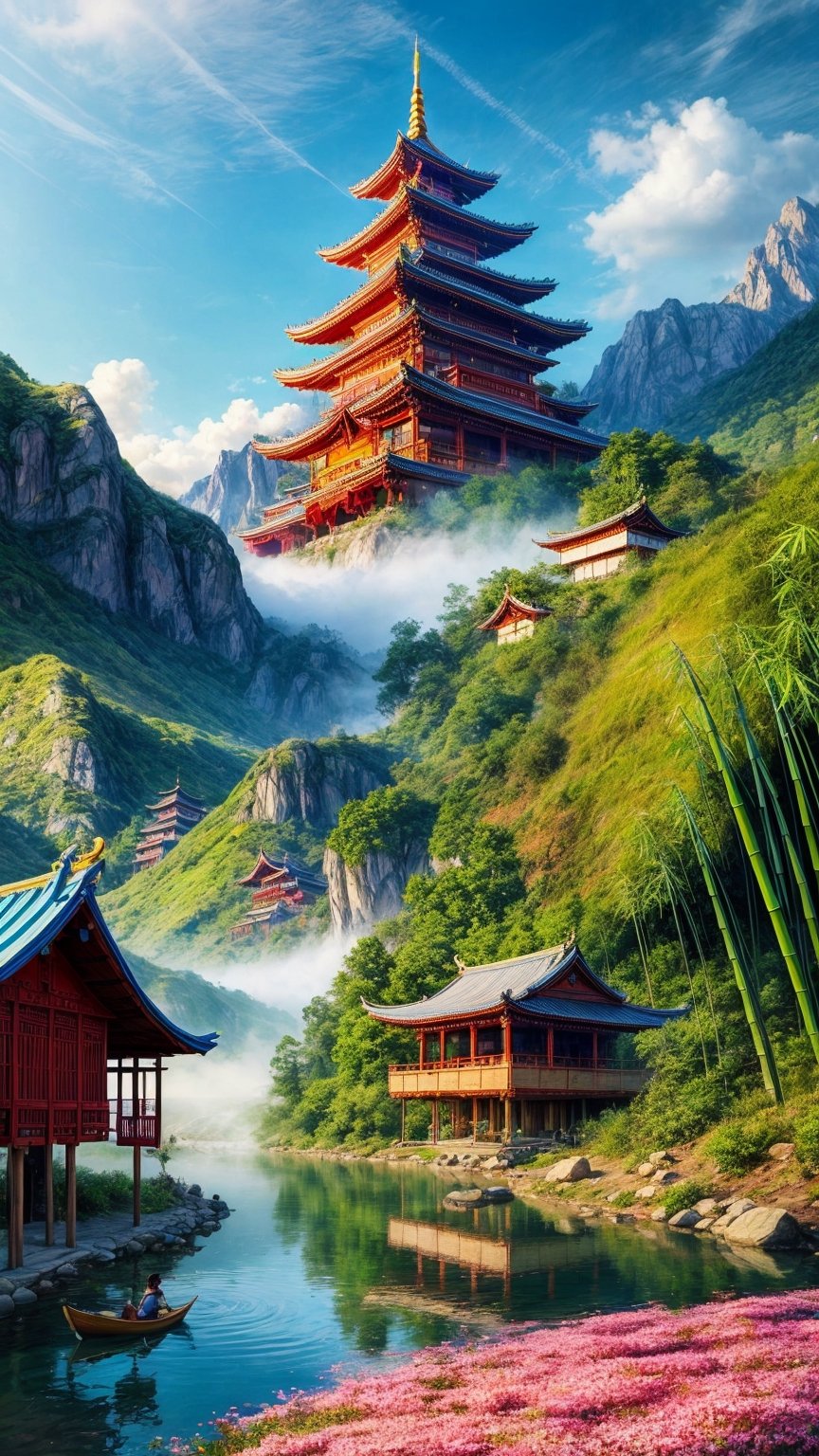 masterpiece, best quality, official_art, aesthetic and beautiful, potrait of bamboo raft in foggy river, flowers and mountains along riverside, spring_season,boats, old fashioned temple on valley, no_human