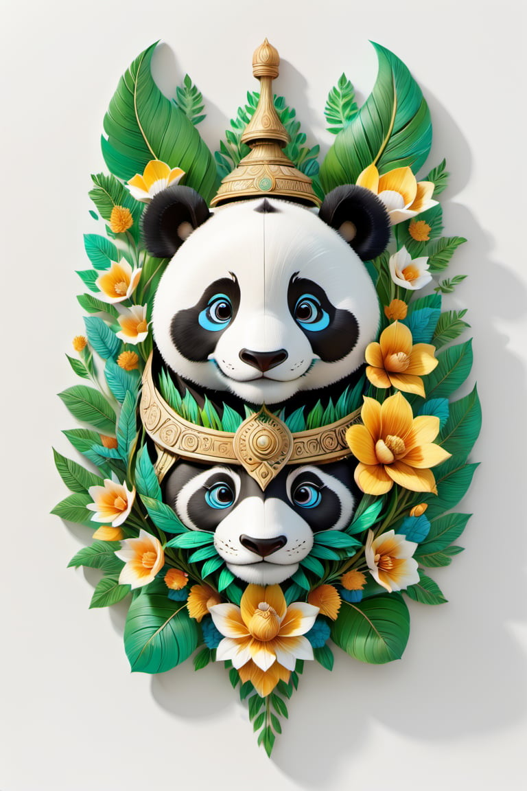 Paint a picture of the perfect balance between art and nature, Incorporate elements like flowers, leaves, animals, a panda crawling, and other natural patterns to create a unique and intricate design, symmetrical,perfect_symmetry,Leonardo Style,oni style, line_art,3d style, white background
