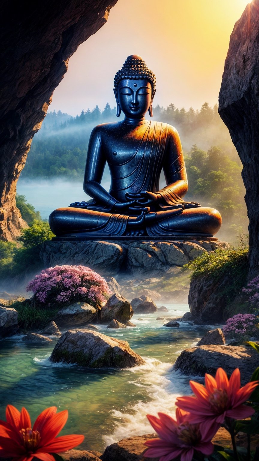 masterpiece, best quality, official_art, aesthetic and beautiful, potrait of Buddha statue on cliff rocks, foggy river, flowers along riverside, spring_season, no_humans, sunrise