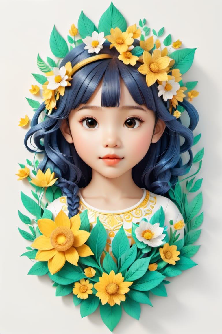 Paint a picture of the perfect balance between art and nature. a beautiful and cute little girl, Incorporate elements like flowers, leaves, animals, and other natural patterns to create a unique and intricate design, symmetrical,perfect_symmetry,Leonardo Style,oni style, line_art,3d style, white background