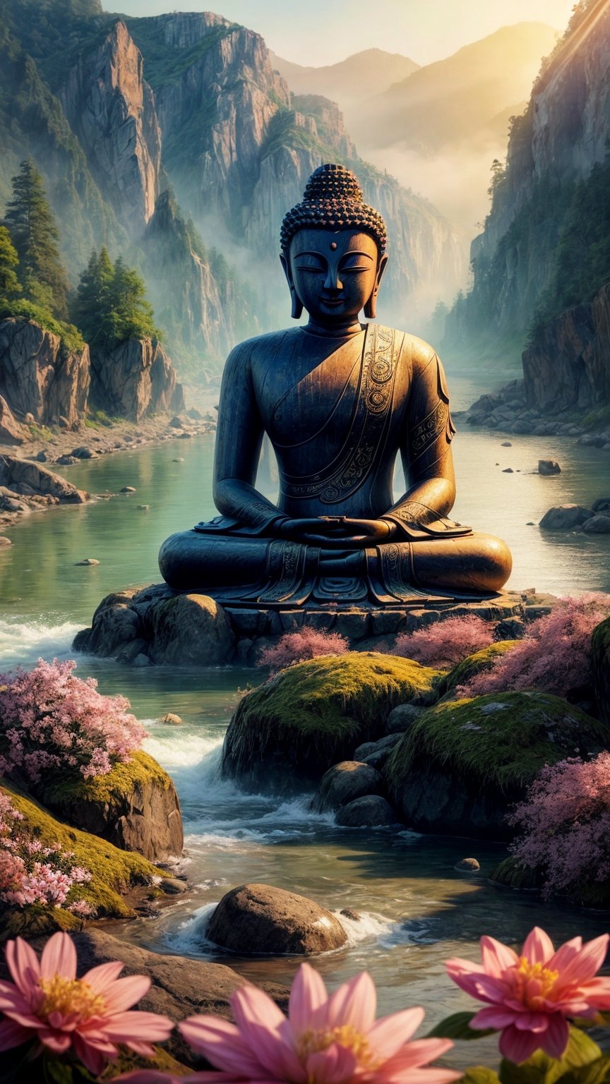 masterpiece, best quality, official_art, aesthetic and beautiful, potrait of Buddha statue engraved in cliff rocks, foggy river, flowers along riverside, spring_season, no_humans, sunrise