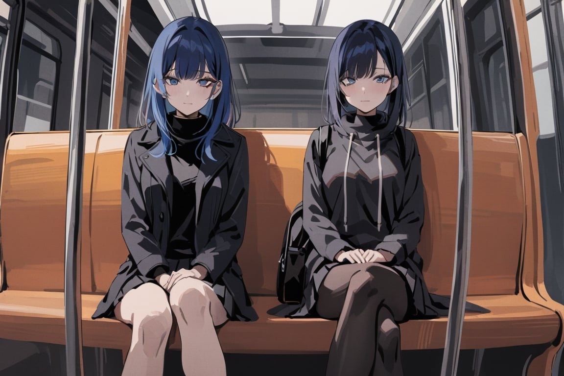 masterpiece,  2girls:1, best quality, hands on lap, centered medium shot, crossed legs, negative space, ((wide shot sitting on bus, bench, leaning against eachother)), two girls in long black winter coat, long black winter coat,
 black sweater underneath, close, eyes, detailed eyelashes, sharp eyes, dark royal blue hair, medium length hair, hair behind ear, side bangs, (black coat, black pleated skirt, black tights), simple, facing viewer, manga illustration style, bangs, black backpack